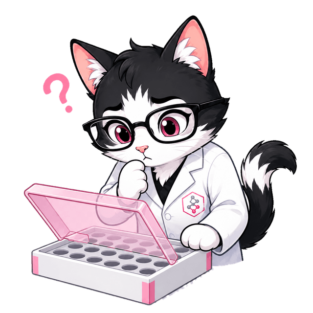 The LaniLabsCo lab cat puzzling over an empty vial tray