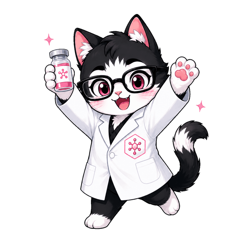 The LaniLabsCo lab cat holding up a peptide vial