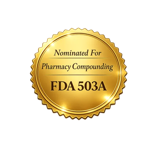 A gold sticker reading: Nominated For Pharmacy Compounding, FDA 503A